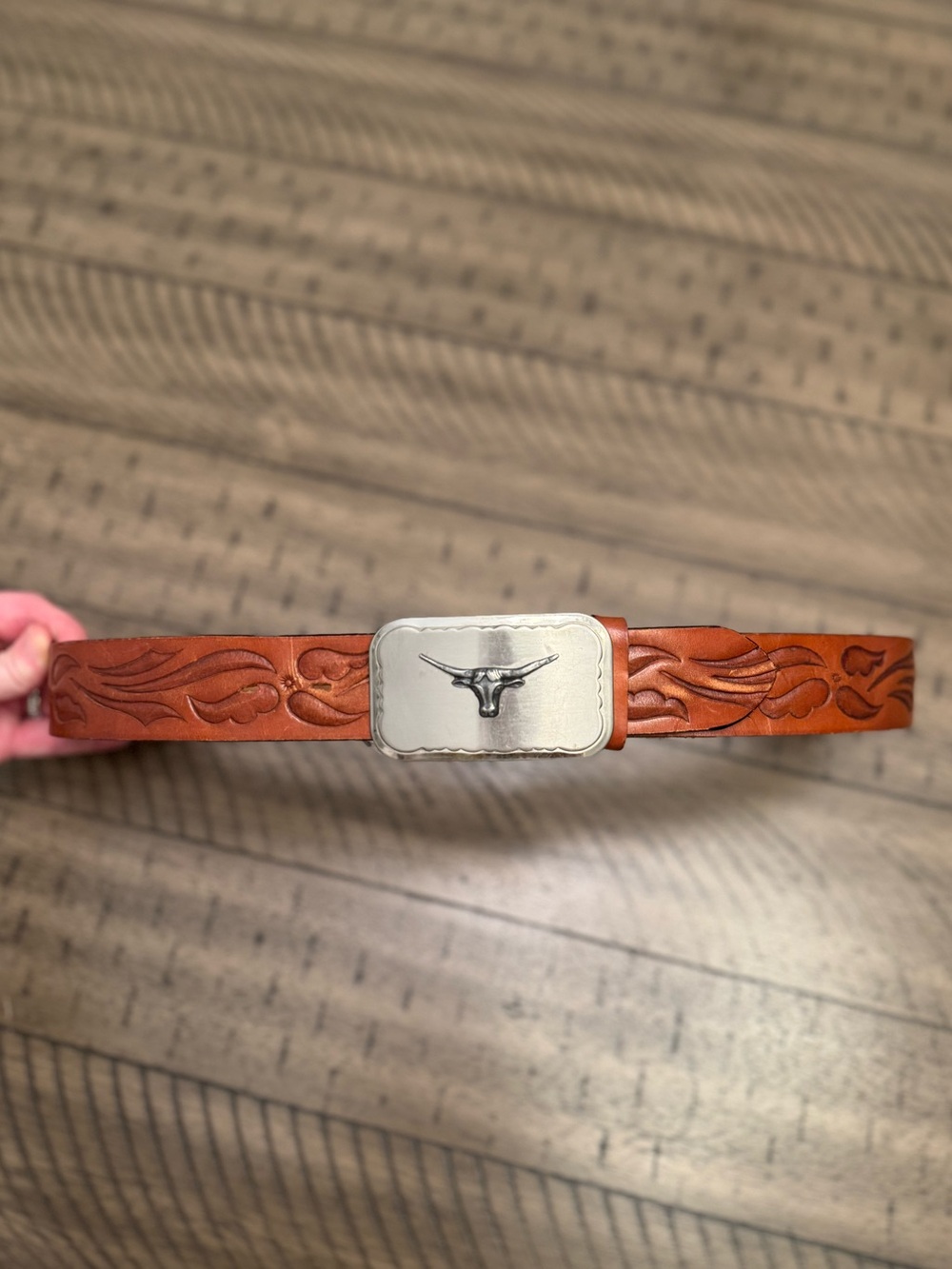 VINTAGE Leather Embossed Belt with Longhorn Buckle